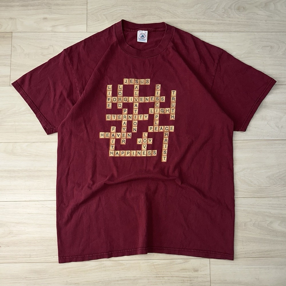 Vintage 90s Jesus Scabble Shirt Mens XL Burgundy Puzzle God‎ Christ Speaks Love